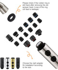 Universal Kitchen Faucet Replacement Head Pull Down Spray Nozzle With Fifteen Heavy Duty Adapters, parts and adapters displayed for installation.