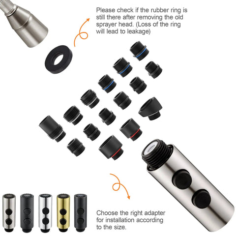Universal Kitchen Faucet Replacement Head Pull Down Spray Nozzle With Fifteen Heavy Duty Adapters, parts and adapters displayed for installation.