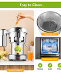 Fresh 370W Commercial Electric Juicer With Auto Pulp Separator And High Speed Motor on a countertop with openable lid and dishwasher safe features.