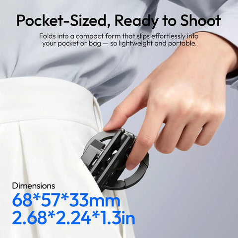 Aluminum Magnetic Phone Tripod Mount MA56 with folded view, showing compact size fitting into pocket, for iPhone series.