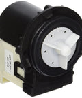 Front view of LG 4681EA2001T drain pump assembly with white impeller in black plastic housing