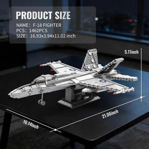 F-18 Hornet Fighter Jet Building Set For Adults With 1387 Pieces on display stand, showing dimensions and details on table