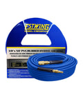 3/8 Inch X 50 Foot PVC Rubber Hybrid Air Hose With 1/4 Inch Brass Fittings And Universal Coupler For Pro Grade HVLP Sprayers And Automotive Pneumatic Tools Blue coiled and packaged
