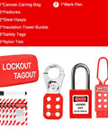 Lockout Tagout Kit For Electrical Safety, OSHA Compliant Group Lockout Hasps, LOTO Tags, Padlocks With Two Keys Each shown with accessories
