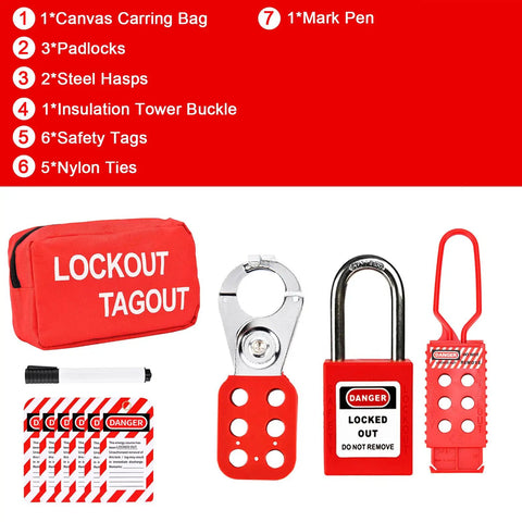 Lockout Tagout Kit For Electrical Safety, OSHA Compliant Group Lockout Hasps, LOTO Tags, Padlocks With Two Keys Each shown with accessories