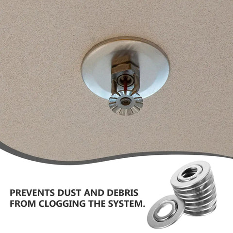 10 Pack Fire Sprinkler Cover Plates Feature Slick Sliding Expandable Design Blocks Dust And Grime For Ceiling Or Wall Setup with sprinkler head.