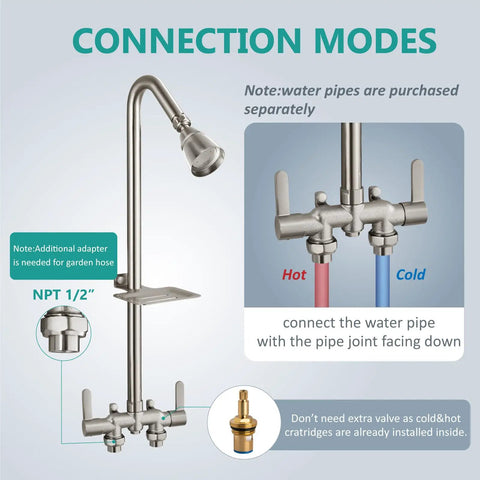 Outdoor Shower Kit With Two Handle Exposed Shower Brass Valve 3 Inch Center Showerhead Soap Dish Brushed Nickel Durable Corrosion Resistant For Pool Patio Beach House Easy Install