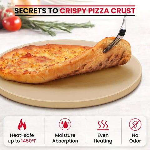 15 Inch Round Pizza Stone For Grill And Oven Heavy Duty Cordierite Baking Pan Thermal Shock Resistant For Crisp Crust Pizza Bread And More Includes Scraper For Easy Cleaning And Perfect Bake Every Time with pizza on top