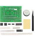 SMD Soldering Practice Kit For DIY SMT Welding Training Board Set with components, tweezers, and soldering wire on white background