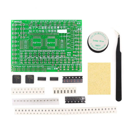 SMD Soldering Practice Kit For DIY SMT Welding Training Board Set with components, tweezers, and soldering wire on white background