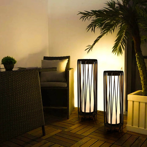 Outdoor Solar Floor Lamp With Rattan Trim And Steel Frame, Waterproof Patio Lantern For Porch Yard Garden Deck Lawn at night