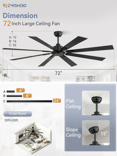 72 Inch Ceiling Fan No Light With Remote Control 8 Blades Quiet DC Reversible Motor in black, dimensions and installation guide shown.