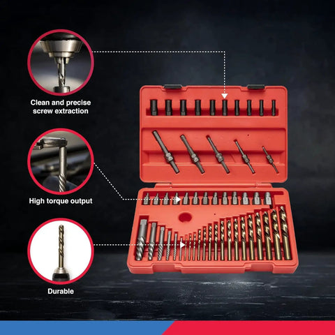 Master Screw Extractor Kit With 55 Pieces For Removing Stripped Screws And Broken Bolts in red case showcasing tools