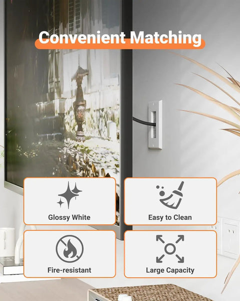 Straight Shooting Brush Cable Wall Plate With Sturdy Mounting Bracket To Neatly Tame Hdmi Coax Speaker Wire And Rj45 Ethernet For A Clean Cut Wall Finish, shown in a glossy white finish.