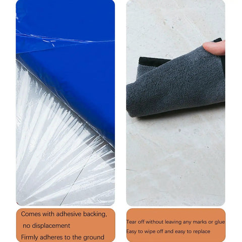 Heavy Duty 300 Sheet Adhesive Tacky Mats For Sweeping Dust Dirt And Grit Off Boots And Equipment Wheels Quick Peel Replacement Layers For Cleanrooms Hospitals Labs Construction Sites And Offices Straight Clean Setup Every Time showing the adhesive backing and effortless peel removal.