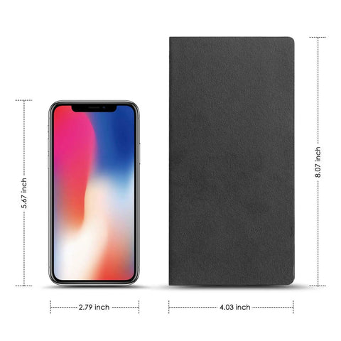 Black journal and smartphone showcasing size comparison, 8.07 x 4.03 inches journal next to 5.87 x 2.79 inches phone.