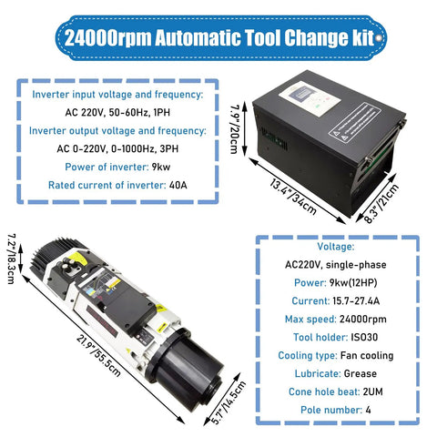 Air Cooled Spindle Motor 24000 RPM 9KW ISO30 ATC CNC Mill Kit with VFD Inverter, Automatic Tool Change details