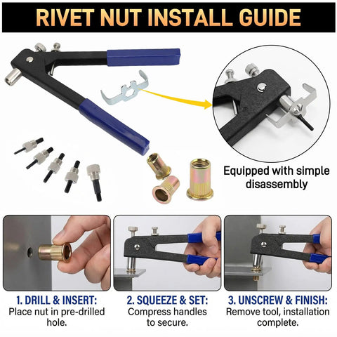 Rivet nut install guide for 430 Piece SAE Rivet Nut Tool Kit With Imperial Rivnut Set In Sizes 6 32 8 32 10 24 1 4 20 5 16 18