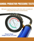 Manual pressure tester gauge from 18 Pack Universal Radiator Pressure Leak Tester Kit For Automotive Coolant Systems On Cars Trucks And Motorcycles.