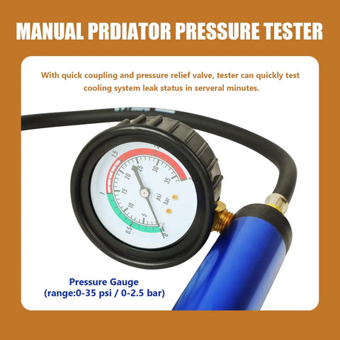 Manual pressure tester gauge from 18 Pack Universal Radiator Pressure Leak Tester Kit For Automotive Coolant Systems On Cars Trucks And Motorcycles.