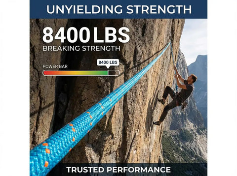 Climber scaling cliff using Double Braided Arborist Rope 0.55in x 100ft Static Rope 8400 Lbs Breaking Strength, blue