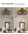 Industrial Farmhouse 17 Inch Black Caged Ceiling Fan With Remote Light Kit in action, showing lighting and airflow in a bedroom setting