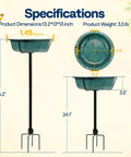 Outdoor Bird Bath With Ground Stake, Weather Resistant ABS Bowl, 13 Inch Diameter, 1.45 Gallon Capacity, Green Finish, Dimensions Shown