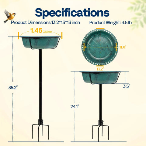 Outdoor Bird Bath With Ground Stake, Weather Resistant ABS Bowl, 13 Inch Diameter, 1.45 Gallon Capacity, Green Finish, Dimensions Shown