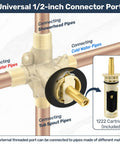 Rock Solid Brass Shower Valve Replacement For Posi Temp Plumbing Fixtures Including 1222 Cartridge Straight Swap Fit Rugged Valve Body, 1/2-inch connector ports for shower and tub pipes.