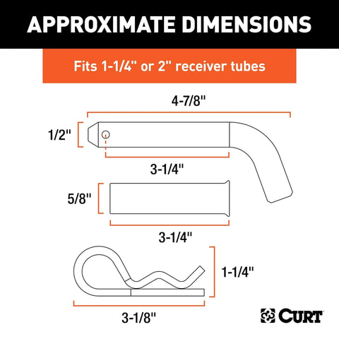 Diagram of Trailer Hitch Pin And Clip 1/2 Inch Diameter With 5/8 Inch Adapter showing dimensions and compatibility