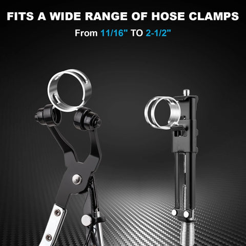 Front view of 9-piece automotive hose clamp pliers set with long-reach swiveling jaws, steel, black handles