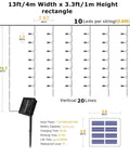 Diagram of Solar Curtain Lights Outdoor 200 LED Set, 13Ft by 3.3Ft Waterproof String Lights with solar panel dimensions.