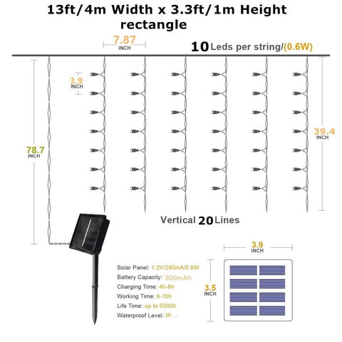Diagram of Solar Curtain Lights Outdoor 200 LED Set, 13Ft by 3.3Ft Waterproof String Lights with solar panel dimensions.
