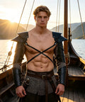Man wearing Badass Battle Ready Gothic Viking Pauldron Set PU Leather Double Shoulder Armor Guards With Chest Harness on a wooden ship.
