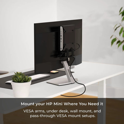 Rock Solid Vesa Mount Bracket For HP Desktop Mini Prodesk And EliteDesk Rigs securing HP Mini to monitor with organized wires.