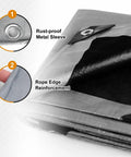 Heavy Duty Waterproof Camping Tarp 10x20 Ft Thick 16 Mil With 15x17 Weave showing rust-proof sleeve and reinforced edges