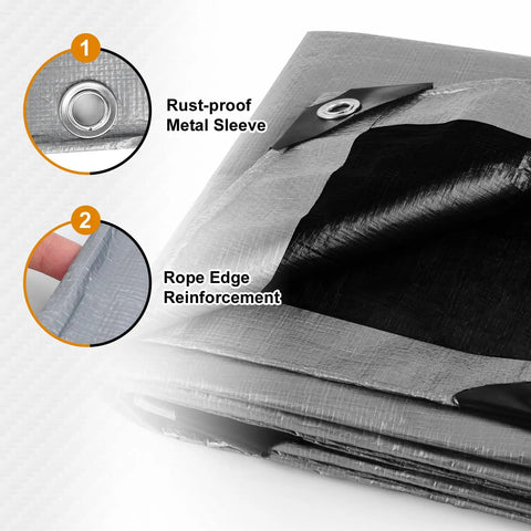Heavy Duty Waterproof Camping Tarp 10x20 Ft Thick 16 Mil With 15x17 Weave showing rust-proof sleeve and reinforced edges