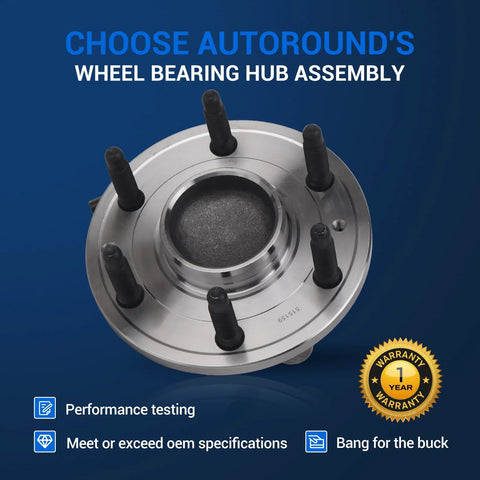Front Wheel Hub And Bearing Assembly 6 Lug With ABS For Chevy Tahoe Silverado Suburban GMC Yukon Sierra Escalade Cadillac 2014 To 2020 RWD Direct Fit Beefed Up Heavy Duty OEM Grade Quality Ready For Rough Roads, showcasing the 6 lug design with warranty badge.