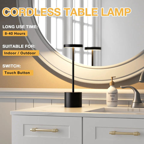 Cordless Table Lamp Set of 2 with 4000mAh Rechargeable Battery placed on bathroom counter