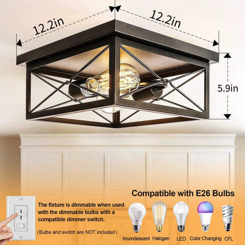 Industrial Two Light Retro Flush Mount Ceiling Light Fixture For Entryway Hallway Foyer And Cozy Living Spaces Square Rustic