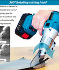Powerful Cordless Electric Metal Shears With Swivel Head For Cutting Stainless Steel Iron Sheet Metal And Carpet Variable Speed Settings Battery Charger Included Portable Carry Case Made Easy Heavy Duty Cuts demonstrating 360° rotating cutting head.
