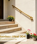 Legit Heavy Duty Six Foot Stair Handrail Kit Made From Tough 304 Stainless Steel With Badass Rust Resistant Build And Fly Gold Finish For Slick Wall Mount Railing Setup On Any Indoor Stairway, installed on steps with potted flowers.