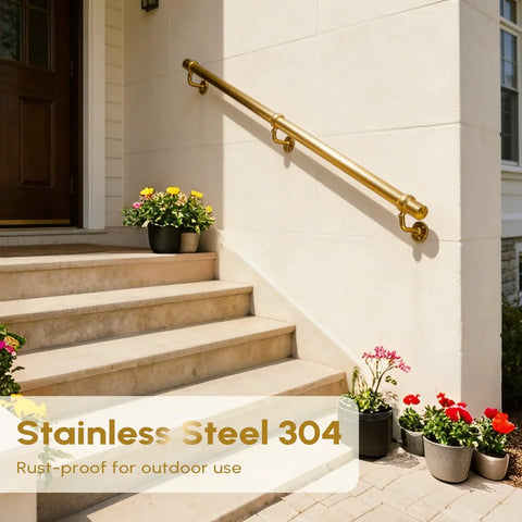 Legit Heavy Duty Six Foot Stair Handrail Kit Made From Tough 304 Stainless Steel With Badass Rust Resistant Build And Fly Gold Finish For Slick Wall Mount Railing Setup On Any Indoor Stairway, installed on steps with potted flowers.