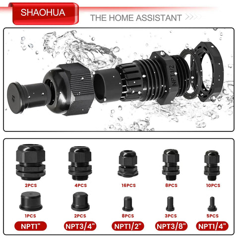 IP68 Waterproof Cable Gland Kit With 40 Pieces And Five NPT Sizes One Quarter Inch Three Eighths Inch One Half Inch Three Quarters Inch One Inch Plus Nineteen Top Hat Rubber Grommets For Cable Glands Strain Relief Nylon Cord Connector, showing various gland sizes