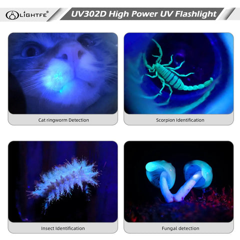 Image showing Ultra High Power 365nm UV Flashlight With LG LED Source And Black Filter Lens 3000mW Max Output in various detection scenarios.