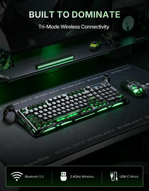 Slick 98 Key Wireless Mechanical Gaming Keyboard With Tri Mode Connectivity Bluetooth 5.4 And USB C Wired Hookups Featuring 8K Polling Rate, lit green.