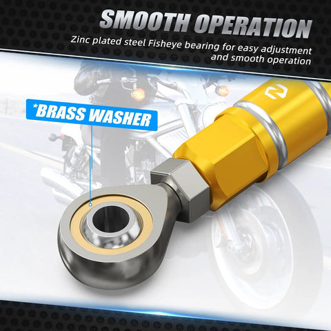 Gold Gear Shift Linkage Assembly For Harley Street Bob FXBBS 114 2021 2024 And Low Rider S FXLRS 114 2020 2024 Replacement For 33600125 close-up with brass washer and zinc plated ball socket