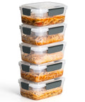 Stack of five-cup plastic food storage containers with lids nestable for freezer and dishwasher safe rectangular meal prep box set 5 pack BPA free thick plastic ideal for quick meal prep.
