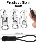 9 Piece Universal Zipper Repair Kit With Pulls And Stops For Jackets Luggage Backpacks And Outdoor Gear Grab And Go Quick Slider Replacement No Sew Fix In Three Sizes Small Medium Large Black And Silver, showing size dimensions.