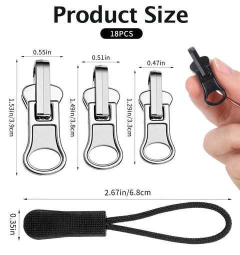 9 Piece Universal Zipper Repair Kit With Pulls And Stops For Jackets Luggage Backpacks And Outdoor Gear Grab And Go Quick Slider Replacement No Sew Fix In Three Sizes Small Medium Large Black And Silver, showing size dimensions.